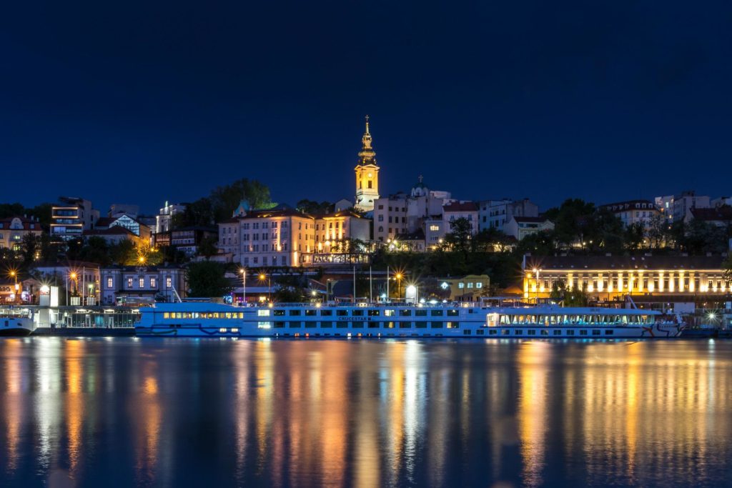 A view of Belgrade from the water at night