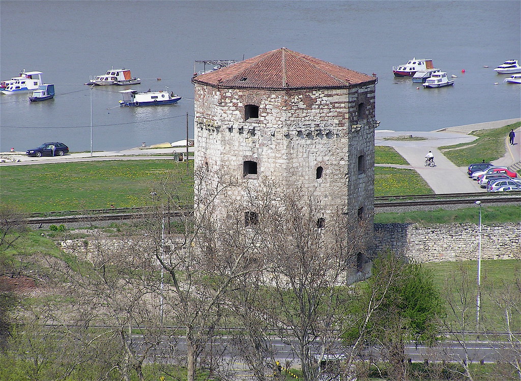 An aerial view of Nebojsa Tower in Kalemegdan and Danube River