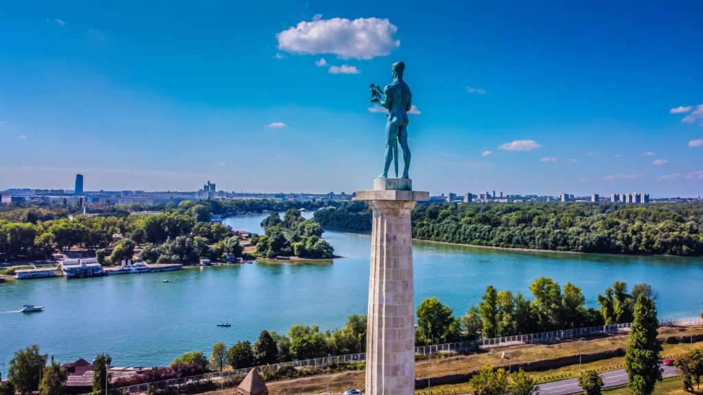 An aerial view of the Pobednik Monument on the Kalemegdan Fortress in Belgrade