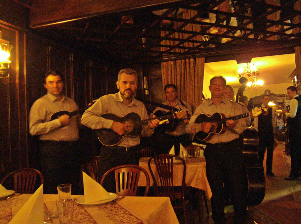 A Roma band playing in a restaurant in Skadarlija